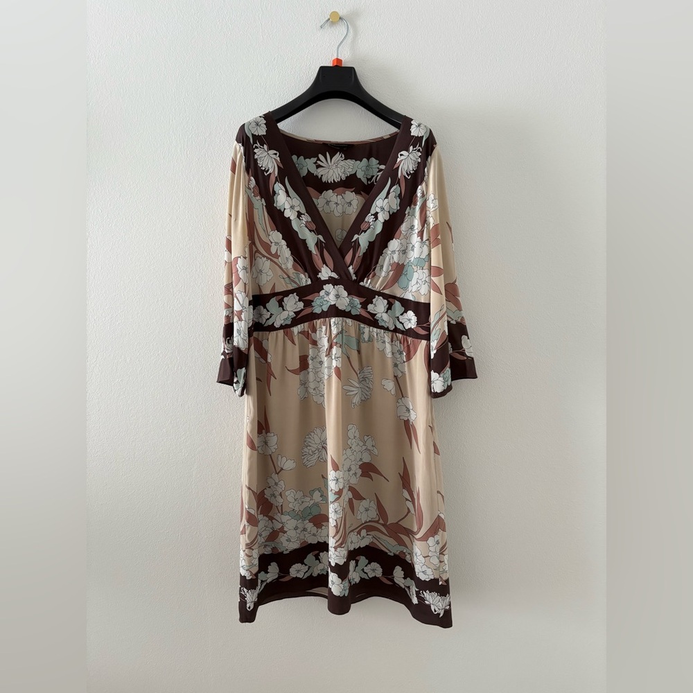 BCBGMaxAzria Floral Brown and Cream Silk Dress